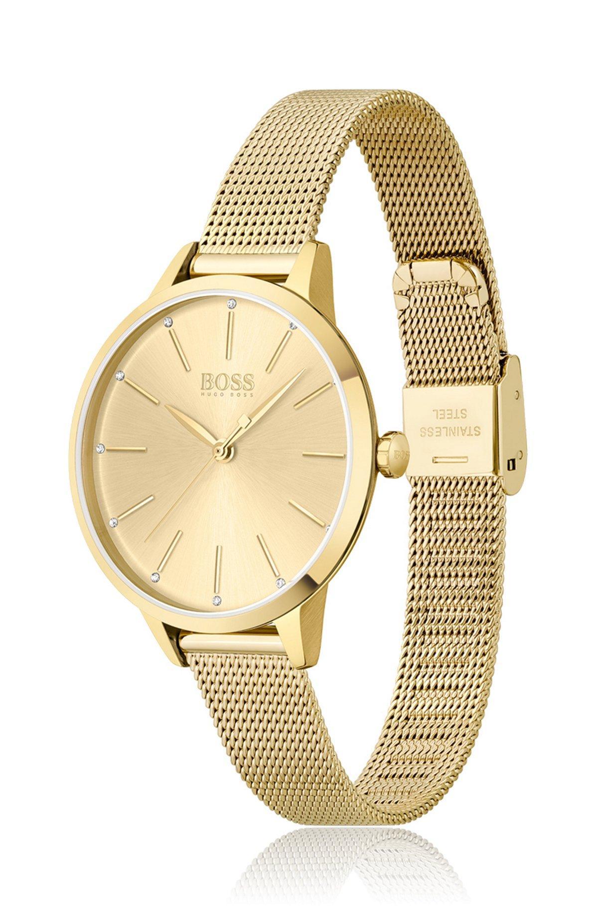 BOSS - Gold-toned mesh bracelet watch with crystal accents Product Image