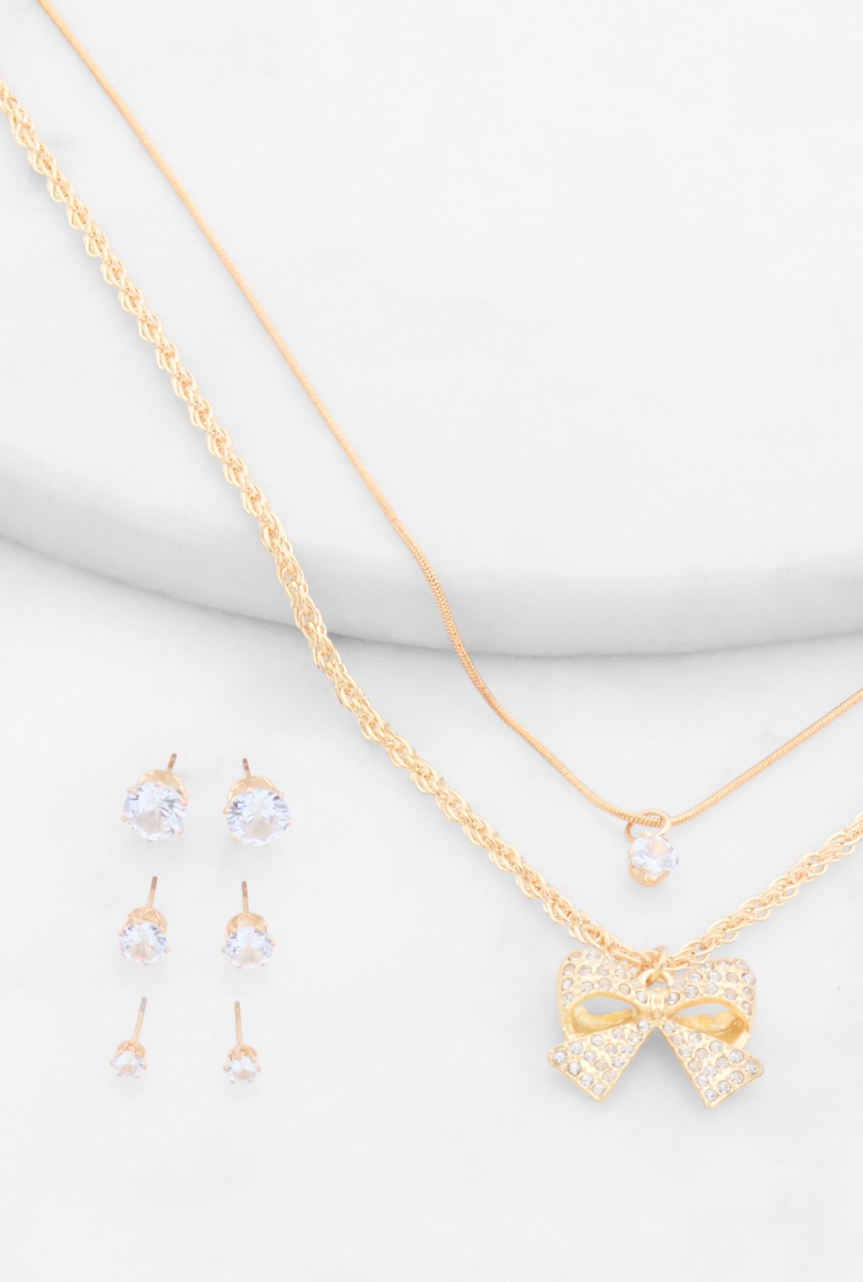 Bow Layered Necklace and Cubic Zirconia Earrings Set Female Product Image