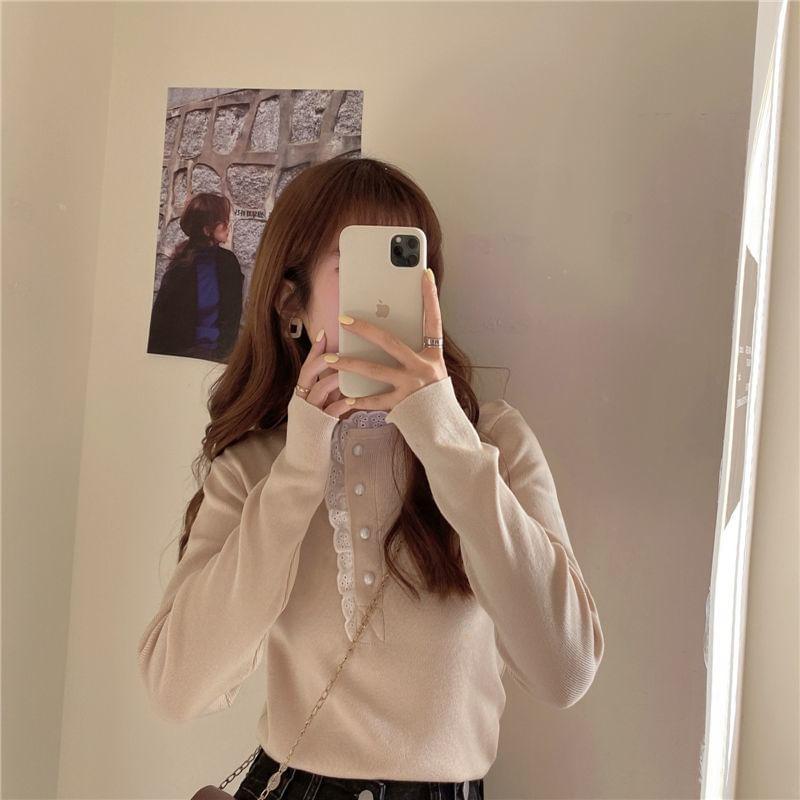 Long-Sleeve Frill Trim Half Buttoned Plain Top Product Image