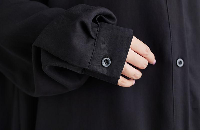 Long-Sleeve Asymmetrical Plain Maxi Shirt Dress Product Image