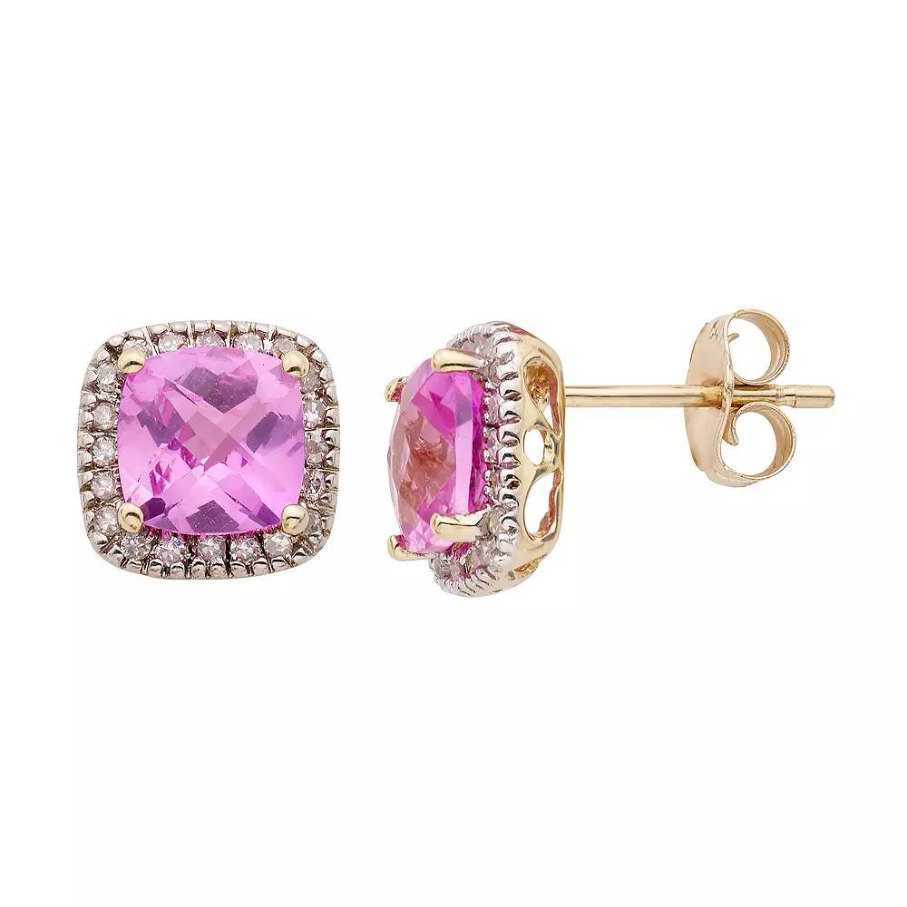 Lab-Created Pink Sapphire and 1/6 Carat T.W. Diamond 10K Gold Halo Button Stud Earrings, Womens, White Product Image