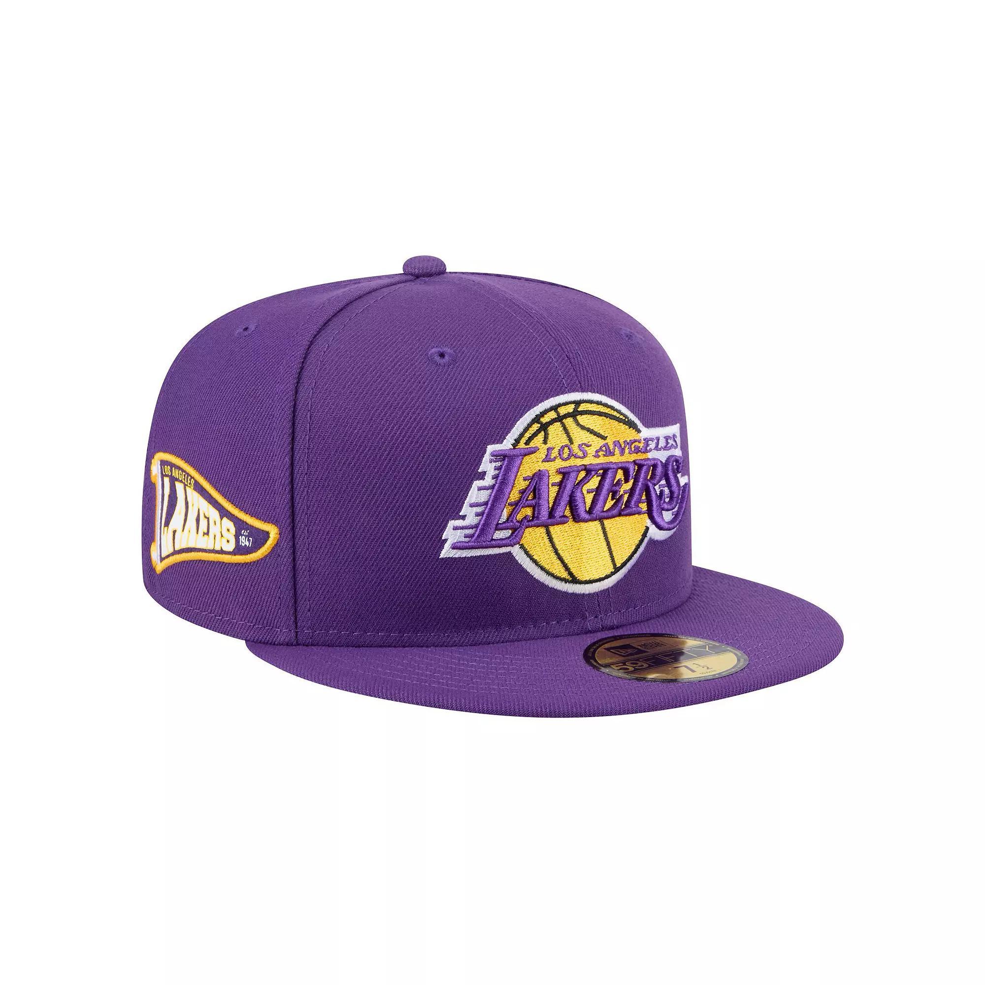 Men's New Era Purple Los Angeles Lakers Throwback Pennant 59FIFTY Fitted Hat, Size: 7 1/8 Product Image