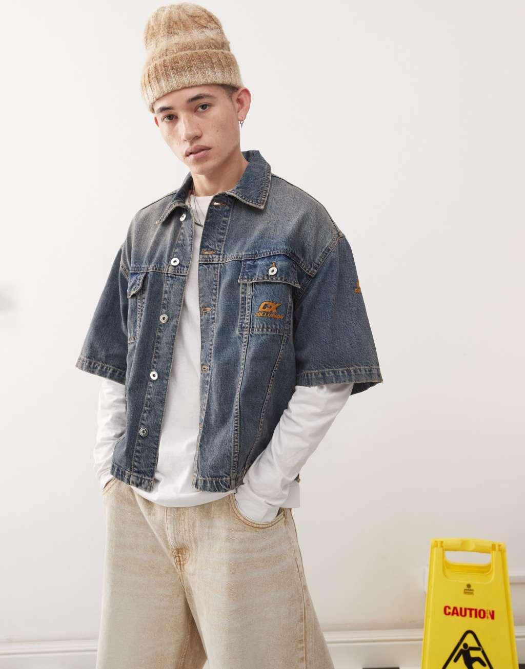 COLLUSION denim skate shirt in midwash  Product Image