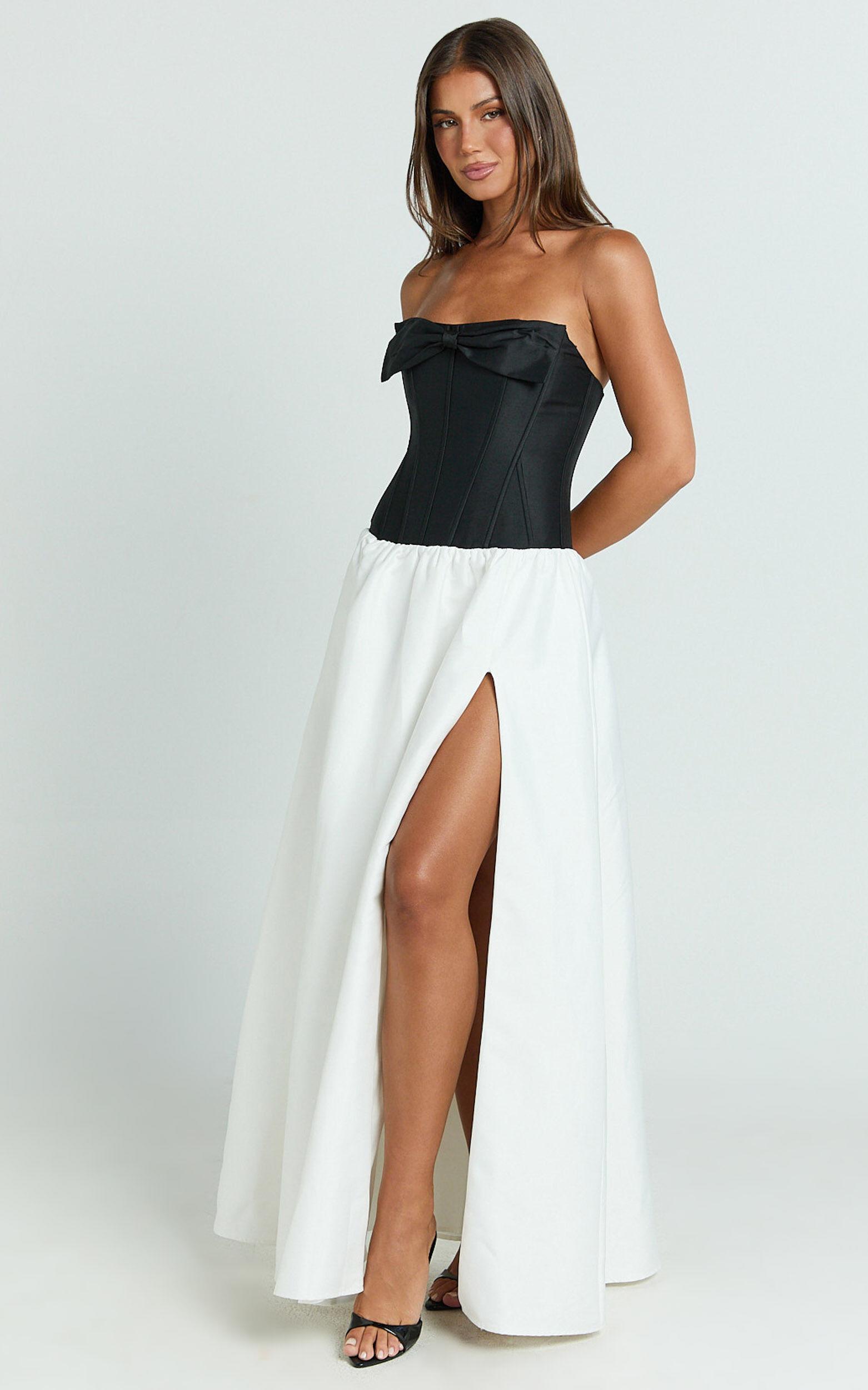 Santana Maxi Dress - Contrast Strapless Fit And Flare Dress in Black/White Product Image