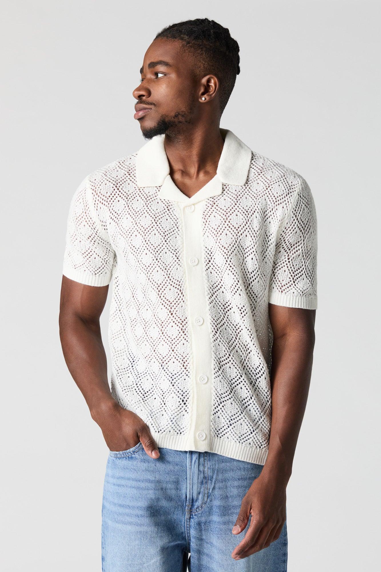 Crochet Knit Button-Up Top Male Product Image