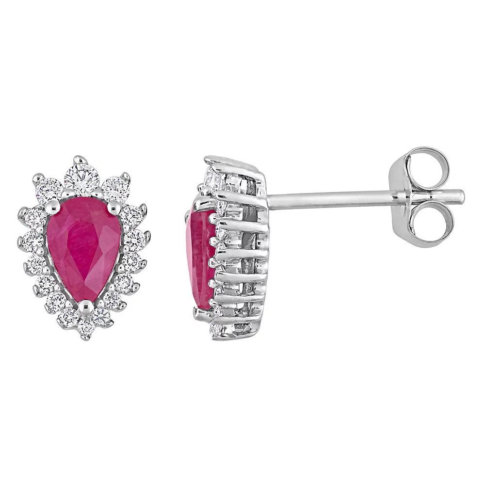 Stella Grace 14k White Gold Ruby & 1/4 Carat T.W. Diamond Halo Teardrop Earrings, Women's Product Image