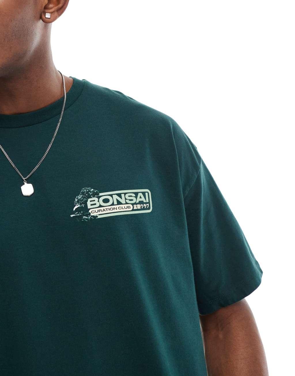 ASOS DESIGN boxy oversized T-shirt with bonsai graphic in dark green Product Image