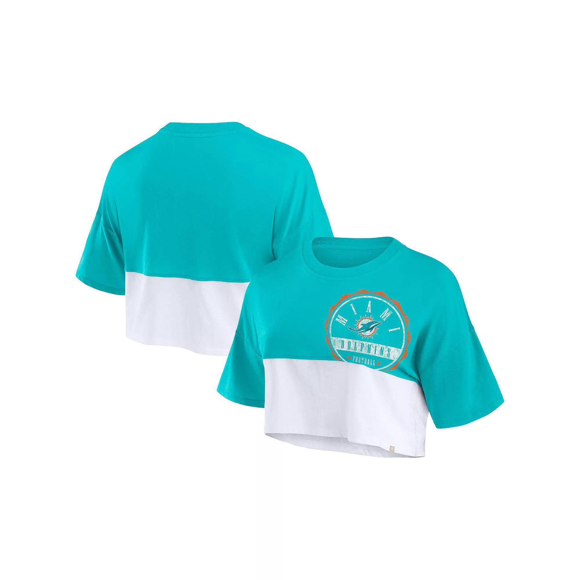 Women's Fanatics Branded Aqua/White Miami Dolphins Boxy Color Split Cropped T-Shirt, Size: 2XL, Turquoise A Product Image