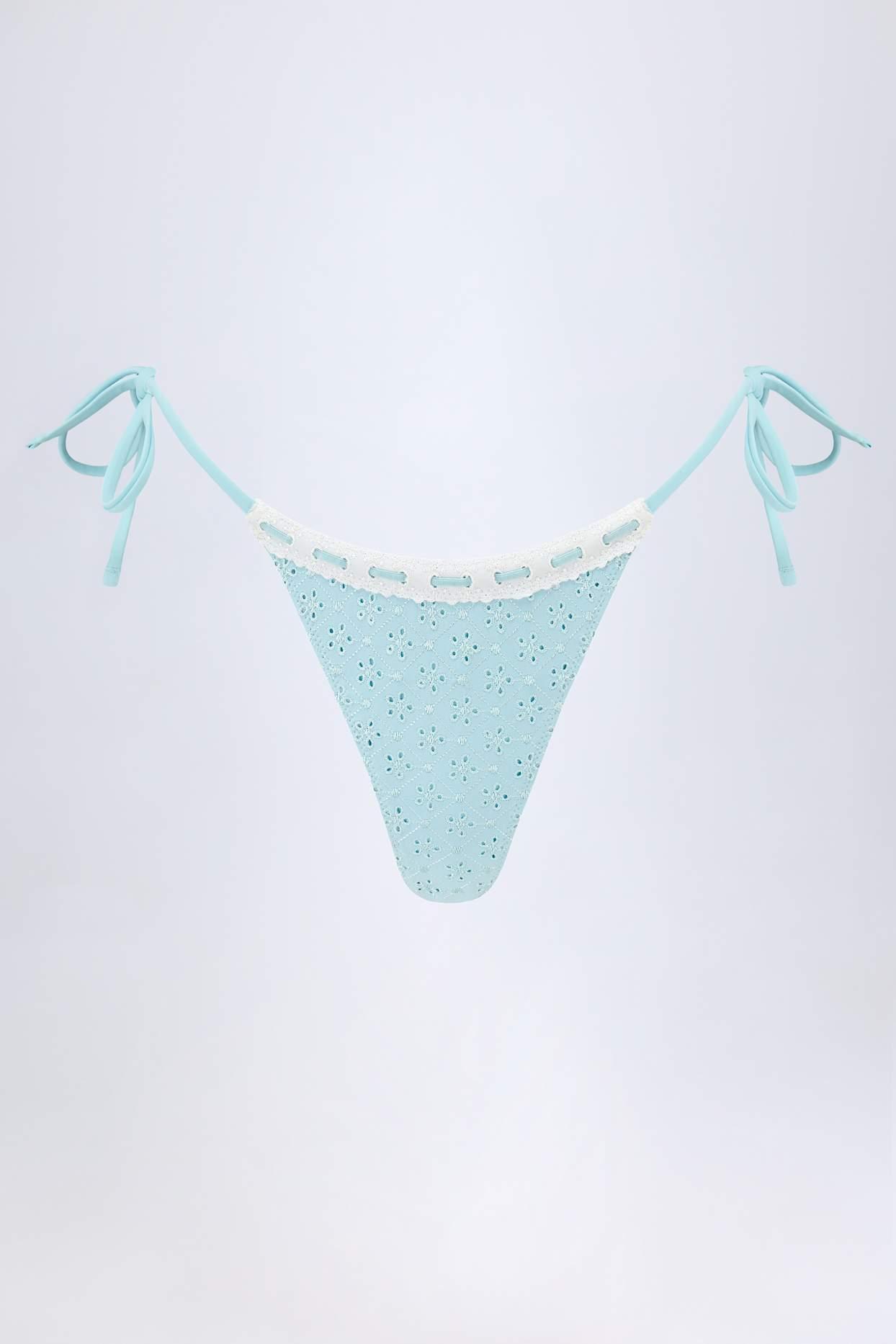 Broderie Anglaise Side-Tie Thong Bikini Bottoms in Powder Blue Product Image