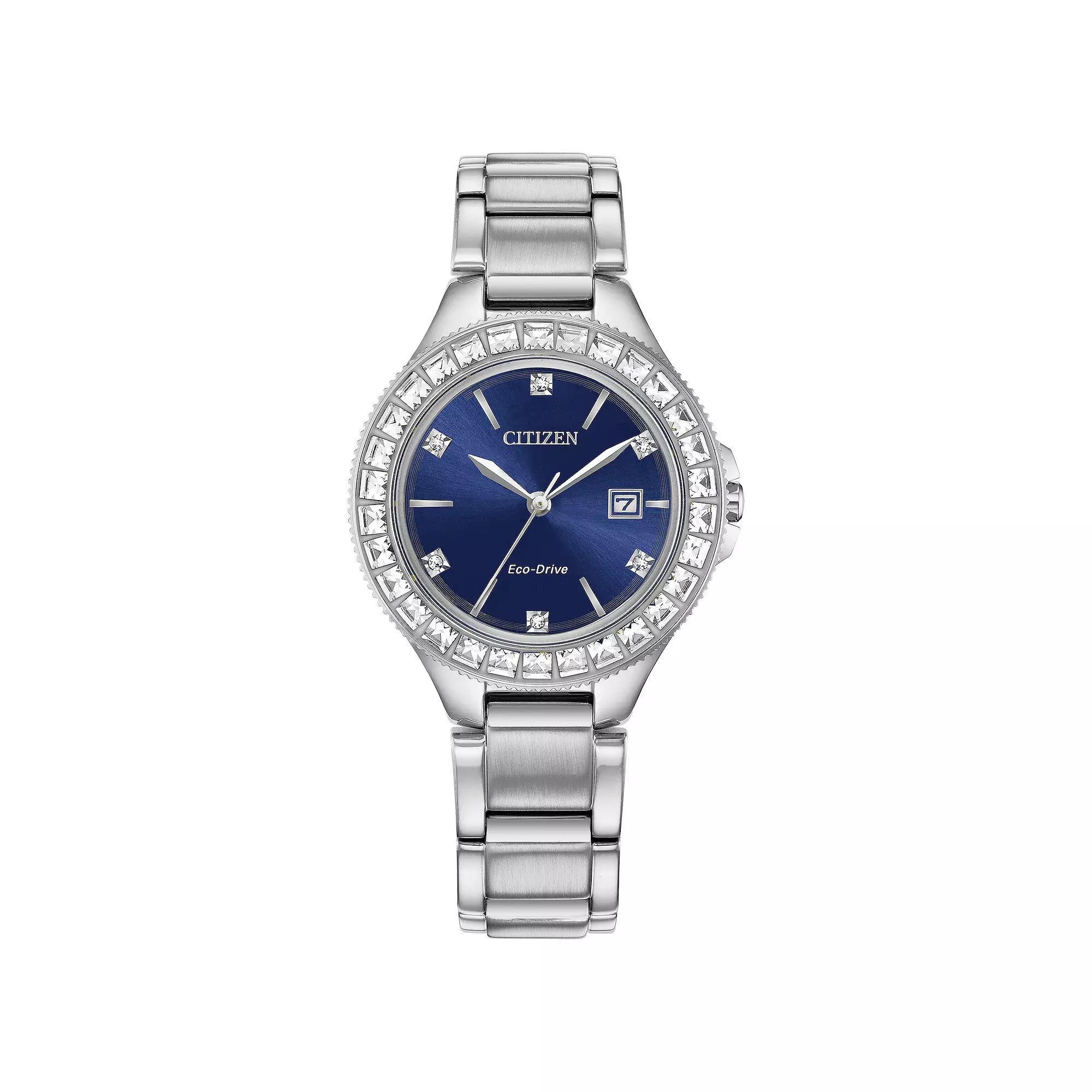 Citizen Womens Eco-Drive Silhouette Crystal Bezel Stainless Steel Blue Dial Bracelet Watch - FE1190-53L Silver Product Image