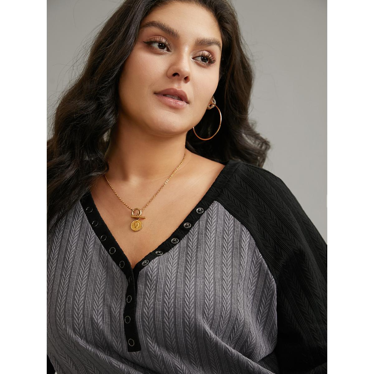 Plus Size Textured Contrast Button Detail Raglan Sleeve Sweatshirt Women Gray Casual Texture V-neck Dailywear Sweatshirts BloomChic 10/M Product Image