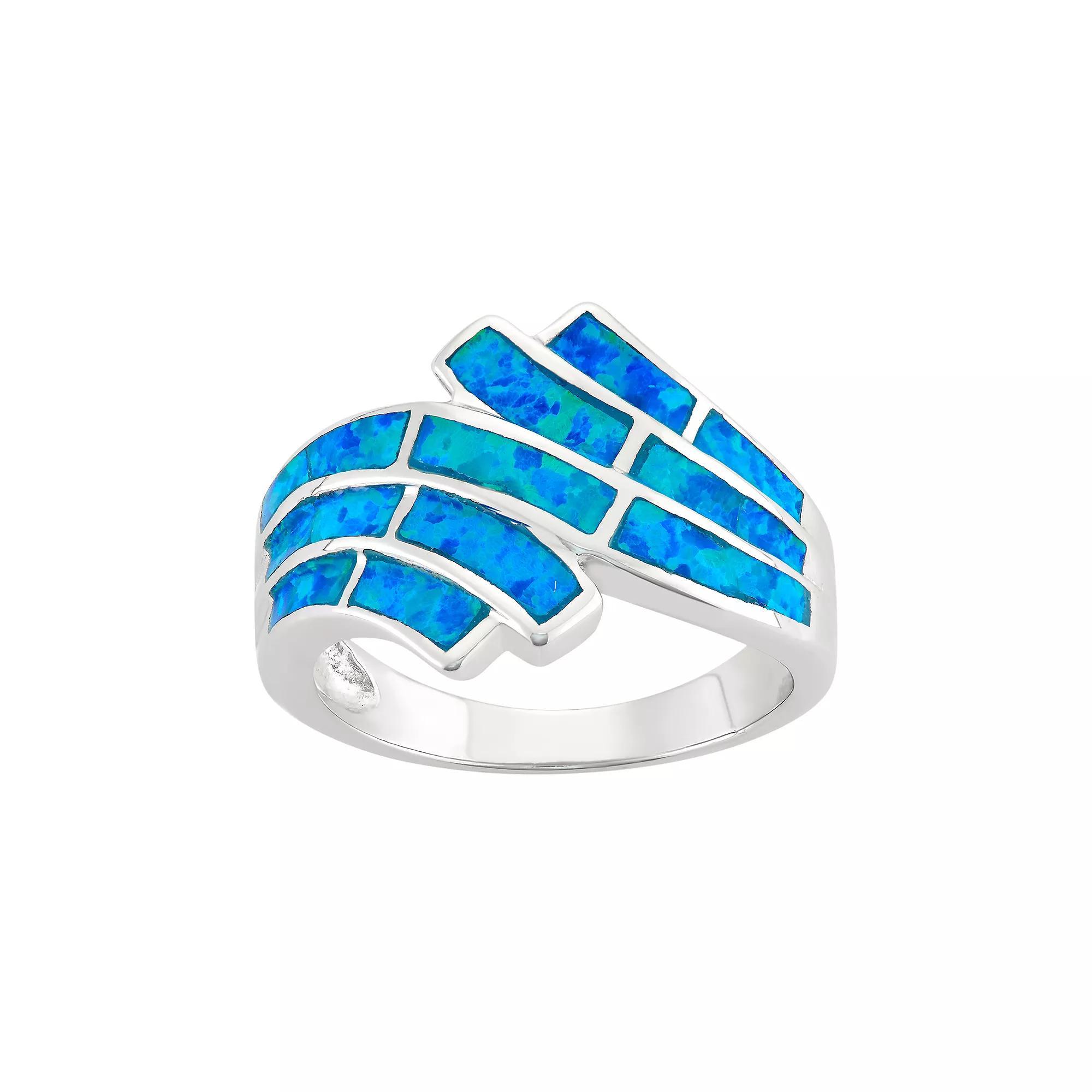 Lab-Created Blue Opal Sterling Silver Wave Bypass Ring, Women's, Size: 8 Product Image
