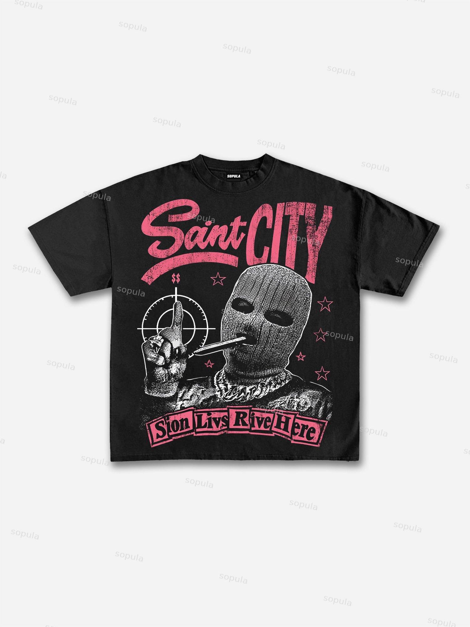 Saint City Gangster Character Vintage Graphic Cotton T-shirt Product Image