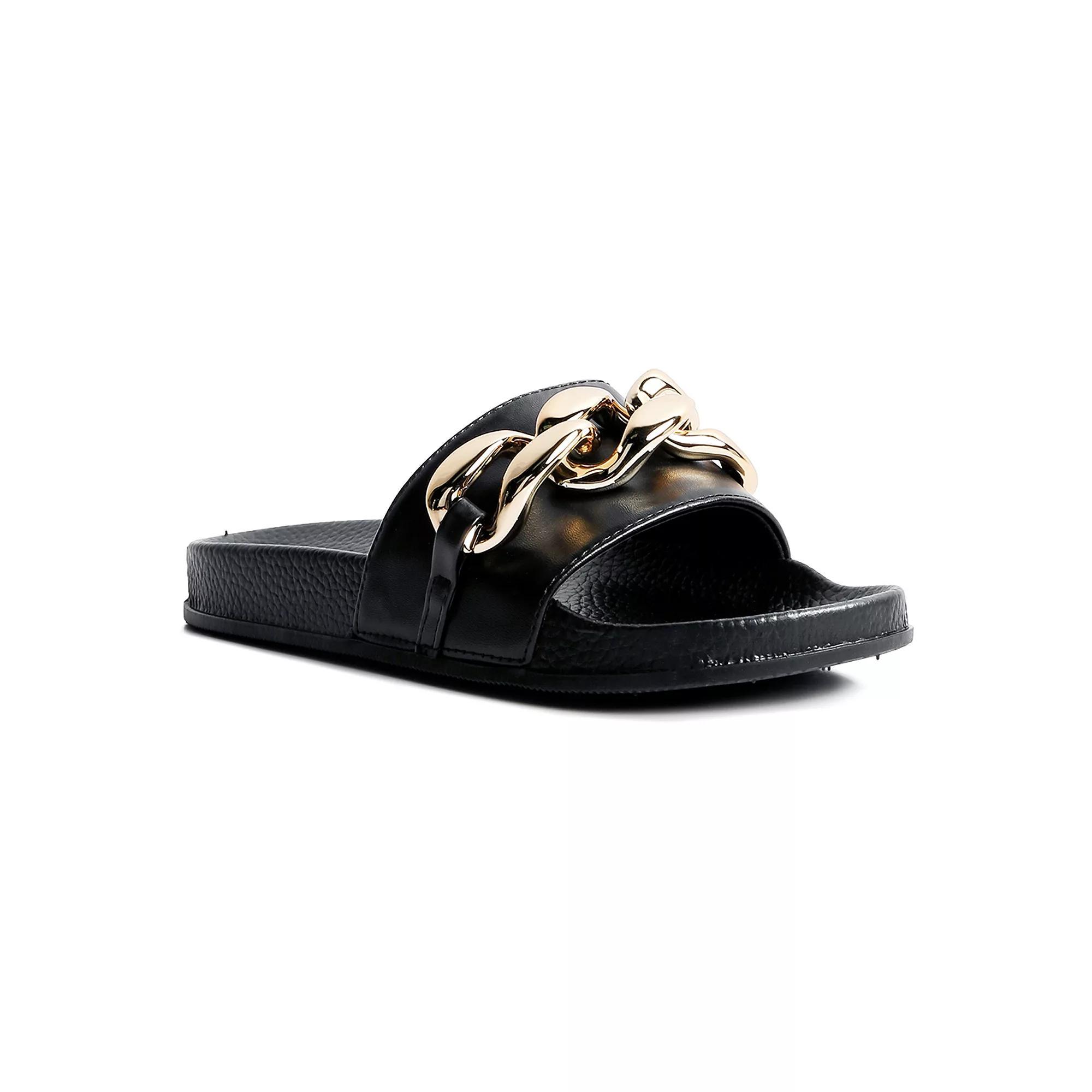 London Rag Women's Ishtar Metallic Chain Metal Slide Sandals, Size: 7, Black Product Image