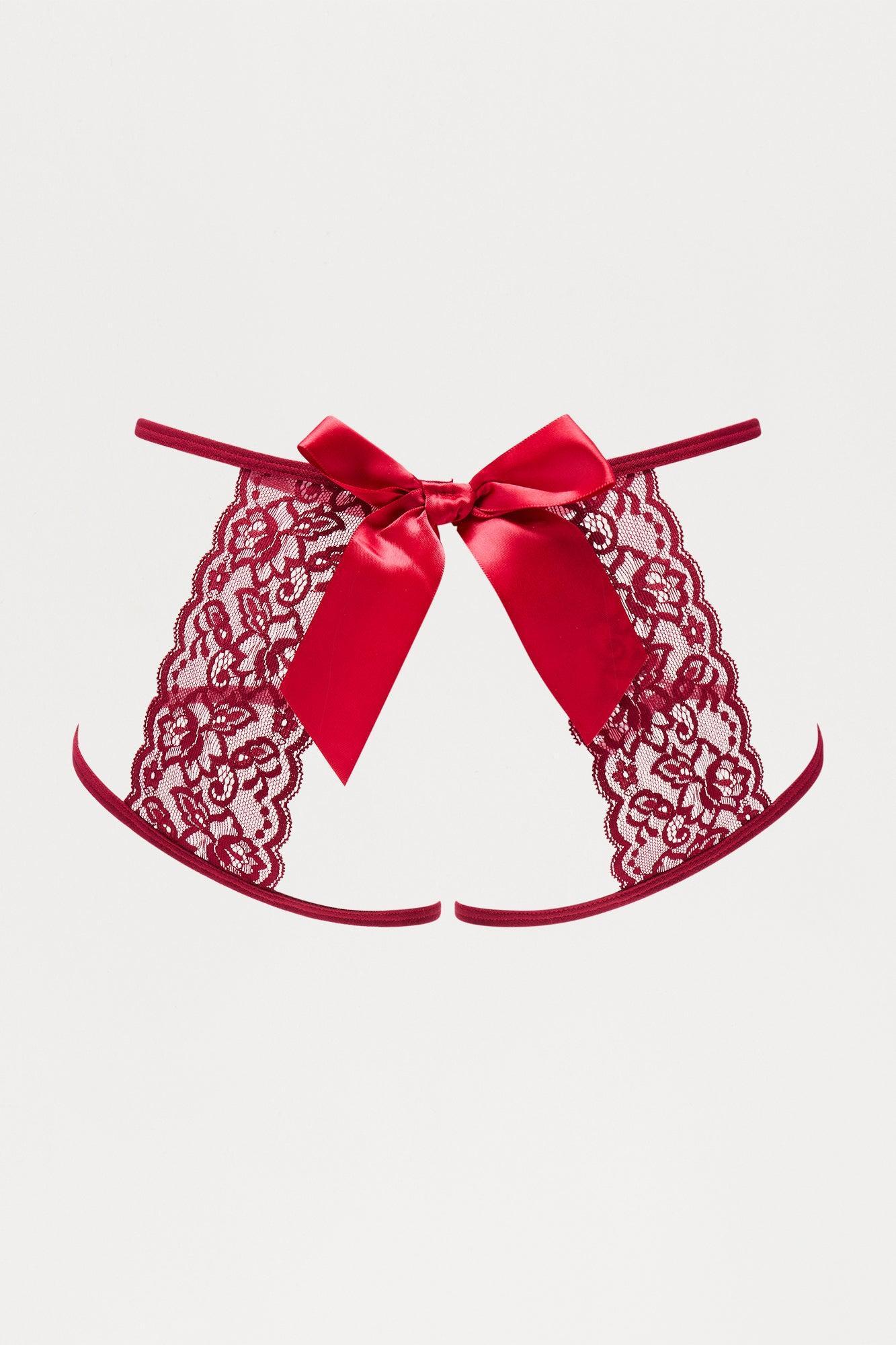 Riley Bow Lace Crotchless Hipster Panty - Wine Product Image