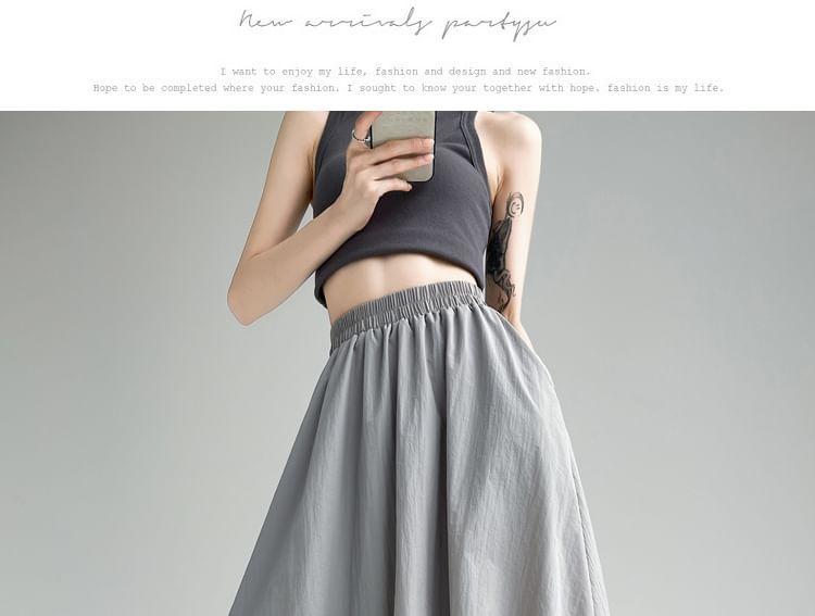 High Waist Plain Midi A-Line Skirt Product Image