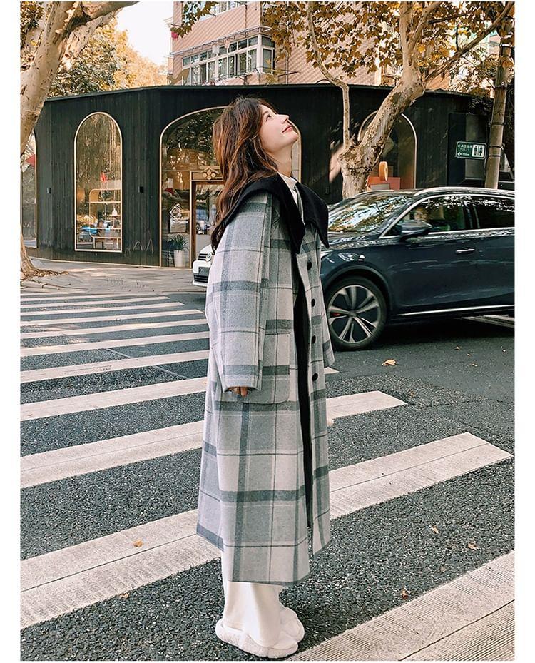 Collared Plaid Button-Up Long Coat Product Image