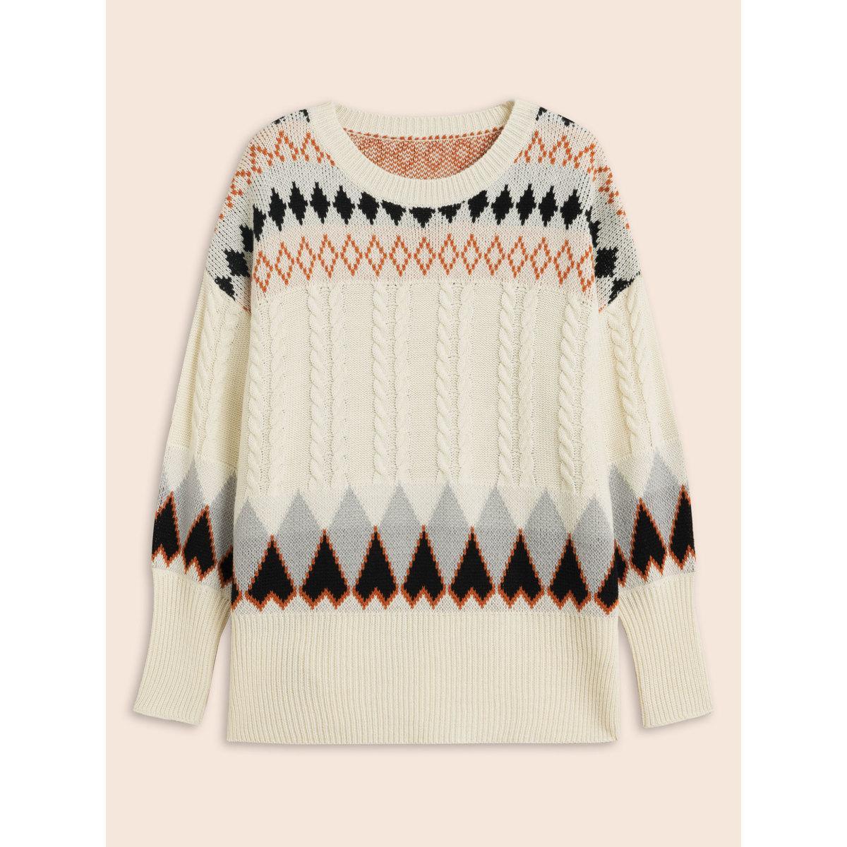 Plus Size Fair Isle Crew Neck Split Hem Pullover Beige Women Casual Long Sleeve Round Neck Everyday Pullovers BloomChic 22-24/3X Product Image