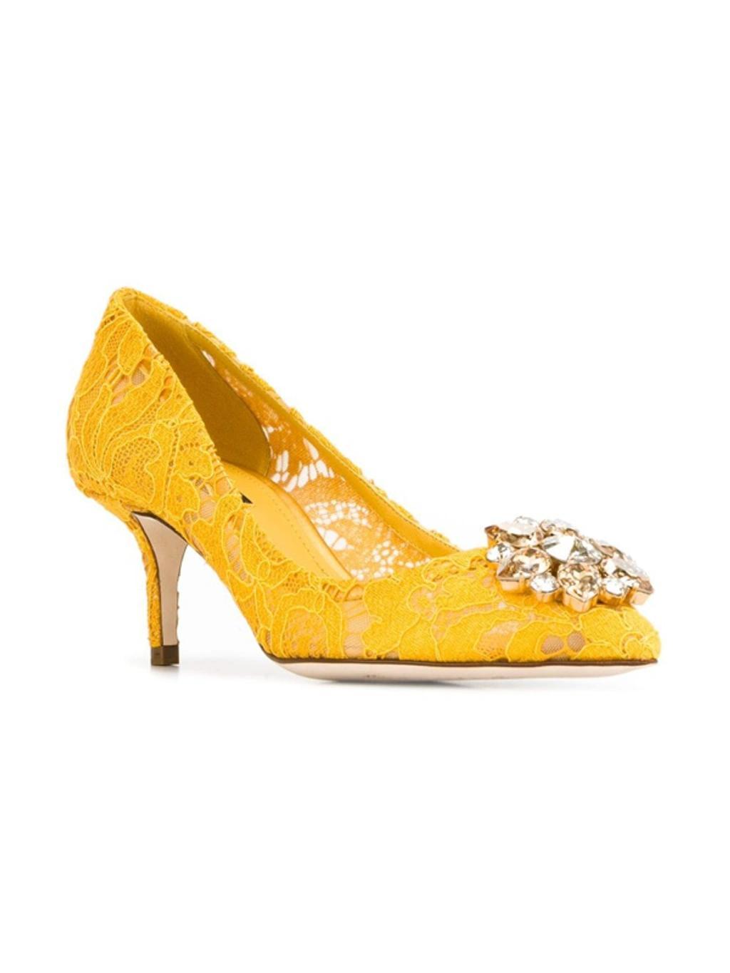 DOLCE & GABBANA Crystal-embellished Corded Lace Pumps In Yellow Product Image