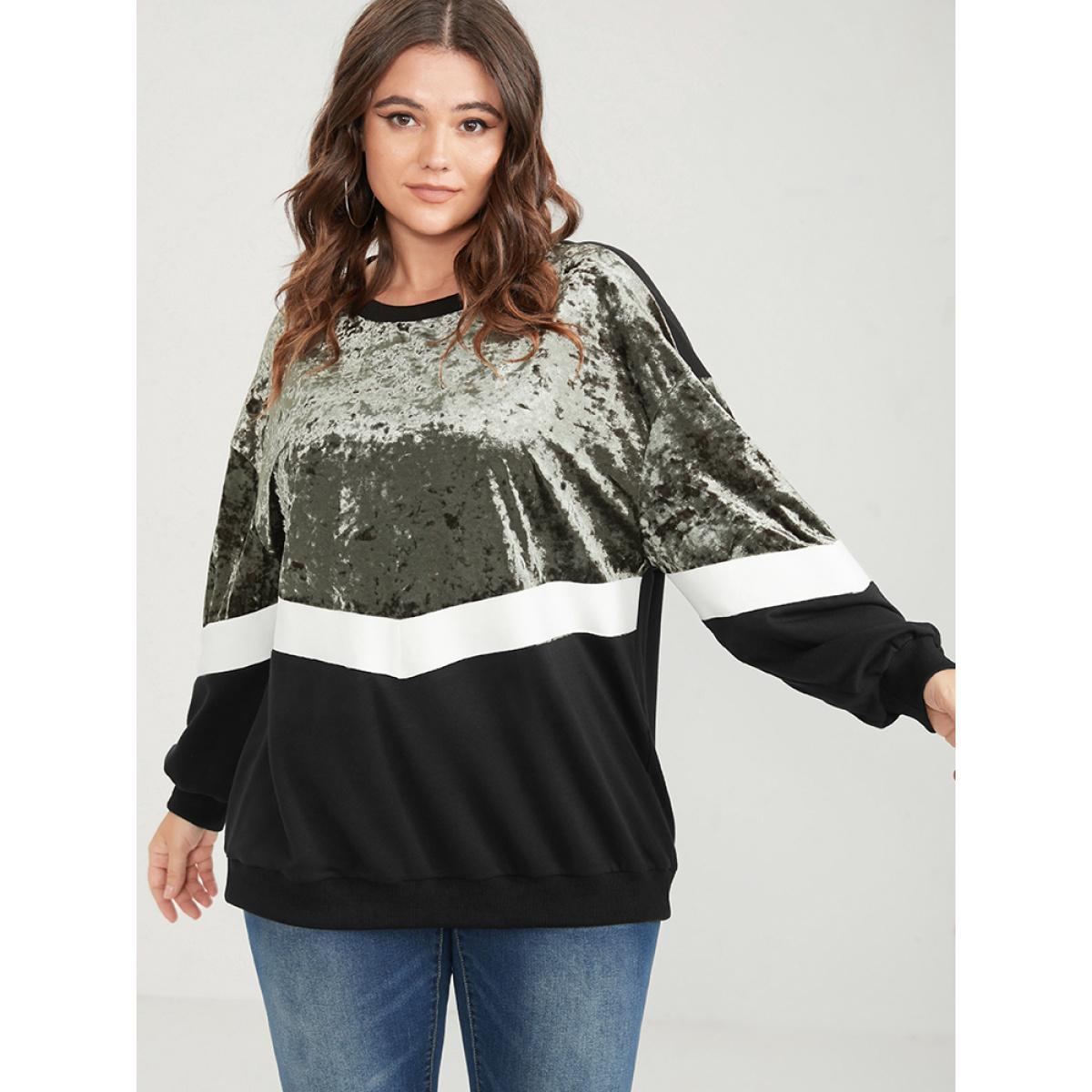 Plus Size Colorblock Contrast Velvet Patchwork Drop Shoulder Sweatshirt Women ArmyGreen Casual Patchwork Round Neck Dailywear Sweatshirts BloomChic 10/M Product Image