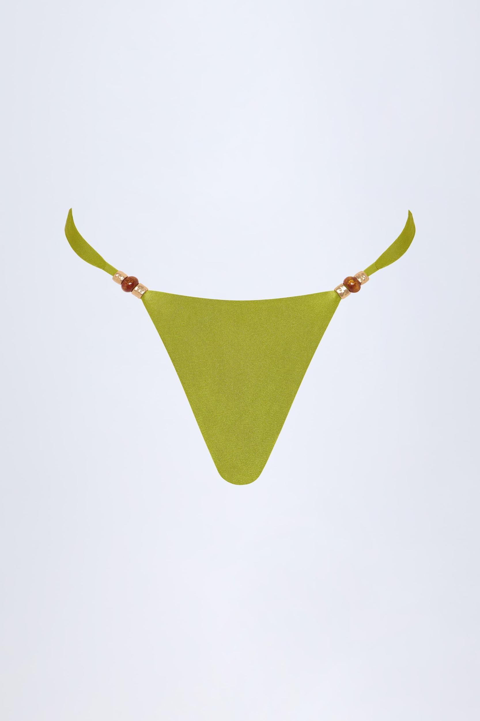 Bead-Embellished Cheeky Bikini Bottoms in Olive Green Product Image