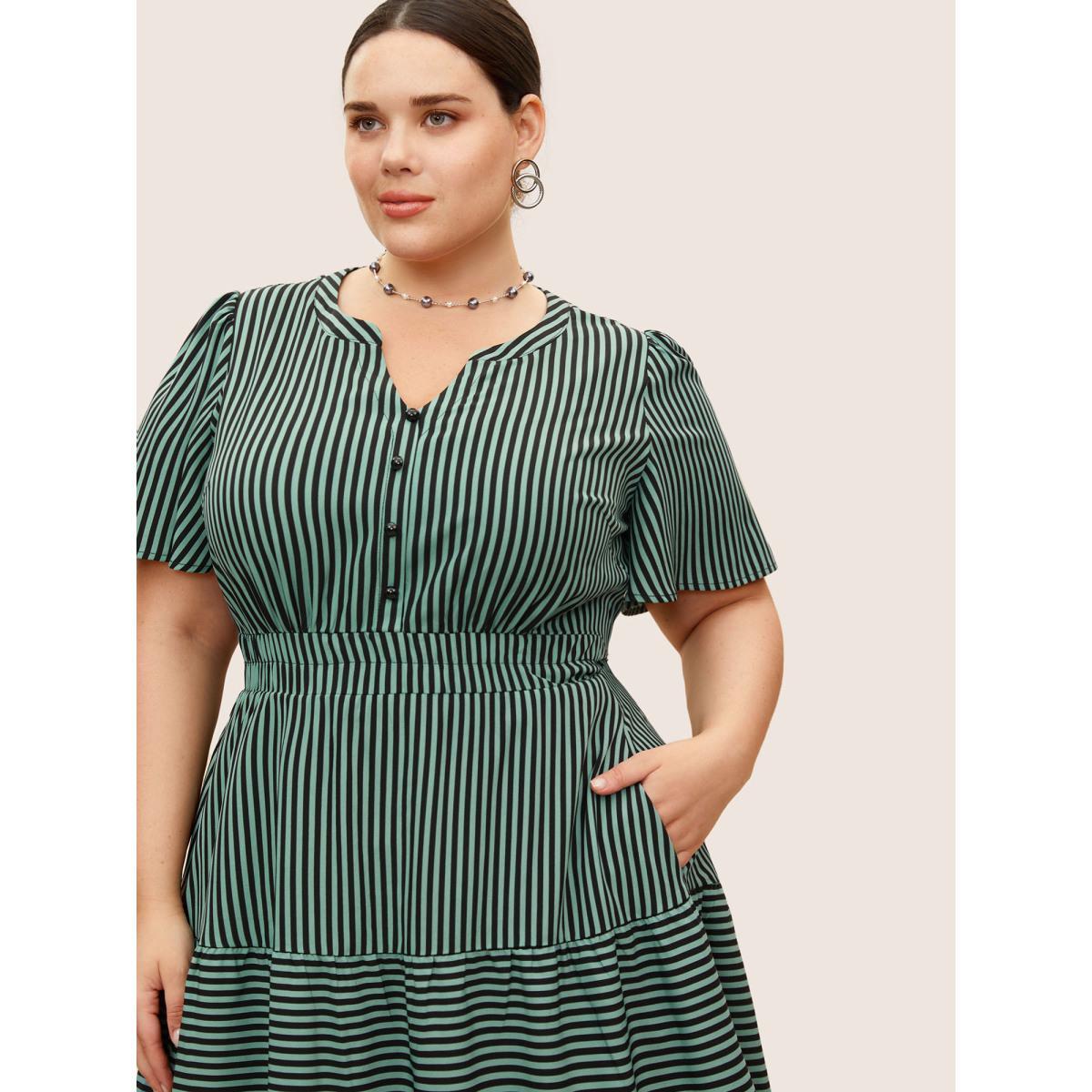 Plus Size Striped Button Detail Ruffle Layered Hem Dress Emerald Women At the Office Button Notched collar Short sleeve Curvy BloomChic 28/5X Product Image