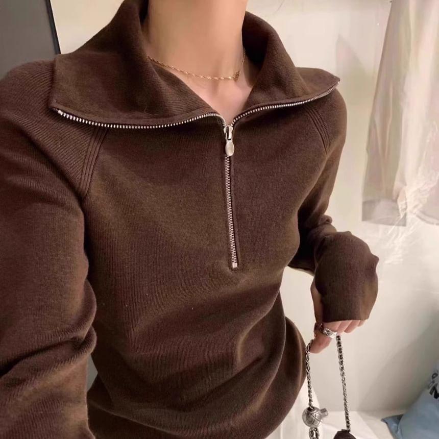 Raglan-Sleeve Turtleneck Half-Zip Knit Top Product Image
