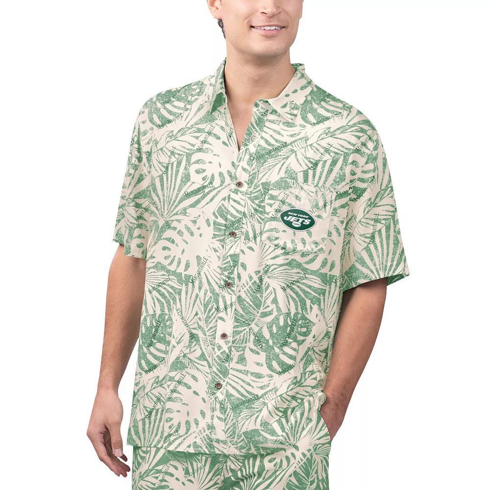 Men's Margaritaville Tan New York Jets Sand Washed Monstera Print Party Button-Up Shirt, Size: Large, Team Product Image