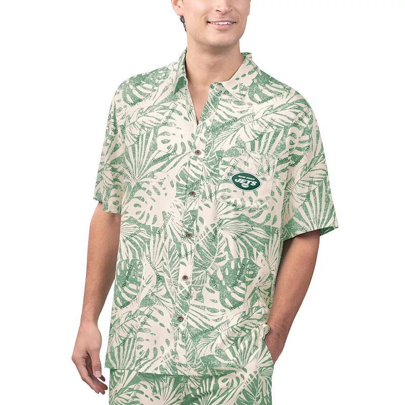 Men's Margaritaville Tan New York Jets Sand Washed Monstera Print Party Button-Up Shirt, Size: Large, Team Product Image
