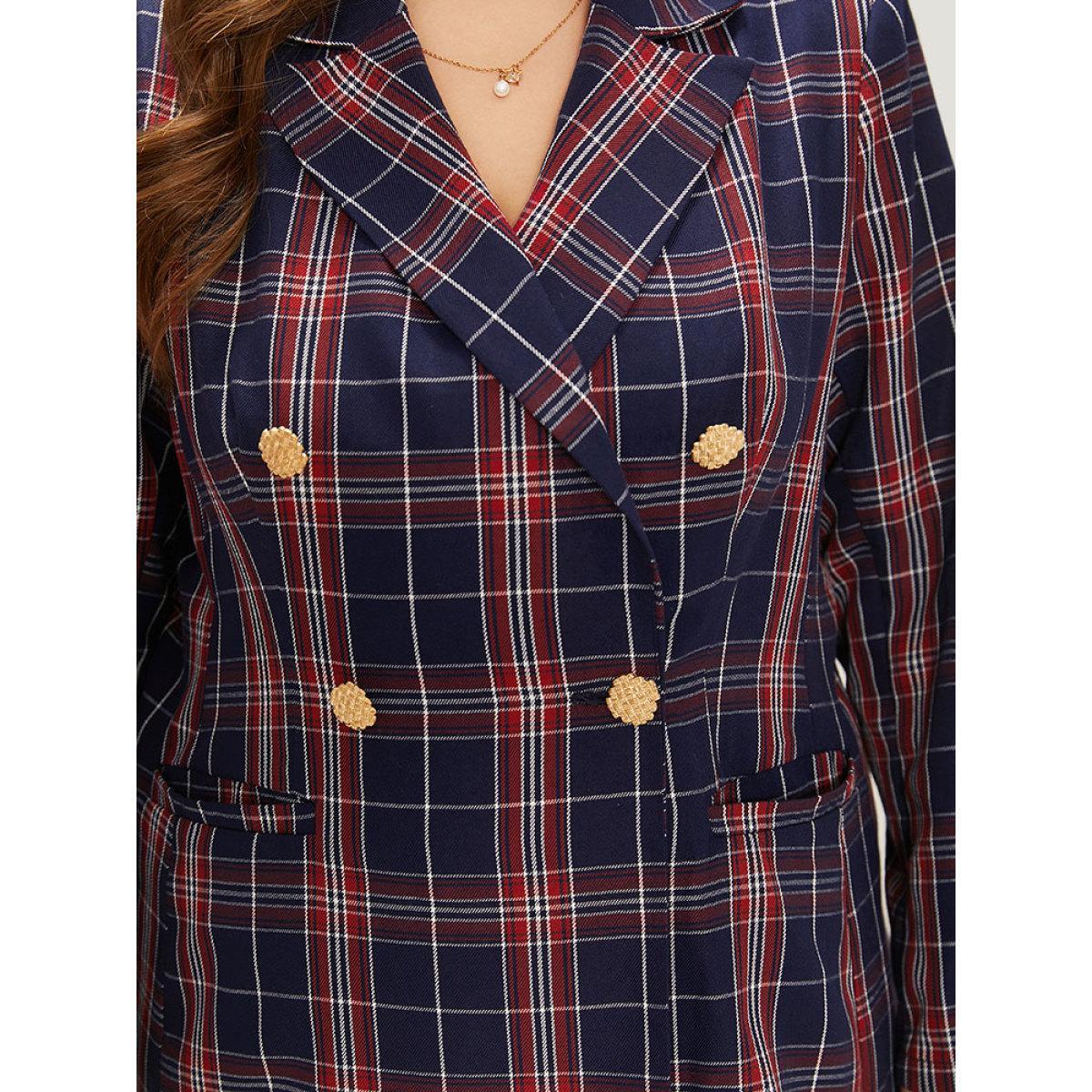 Plus Size Plaid Suit Collar Button Up Pocket Blazer Indigo Women Dailywear Plaid Contrast Sleeve Long Sleeve Suit Collar 10/M Pocket Casual Blazers BloomChic Product Image