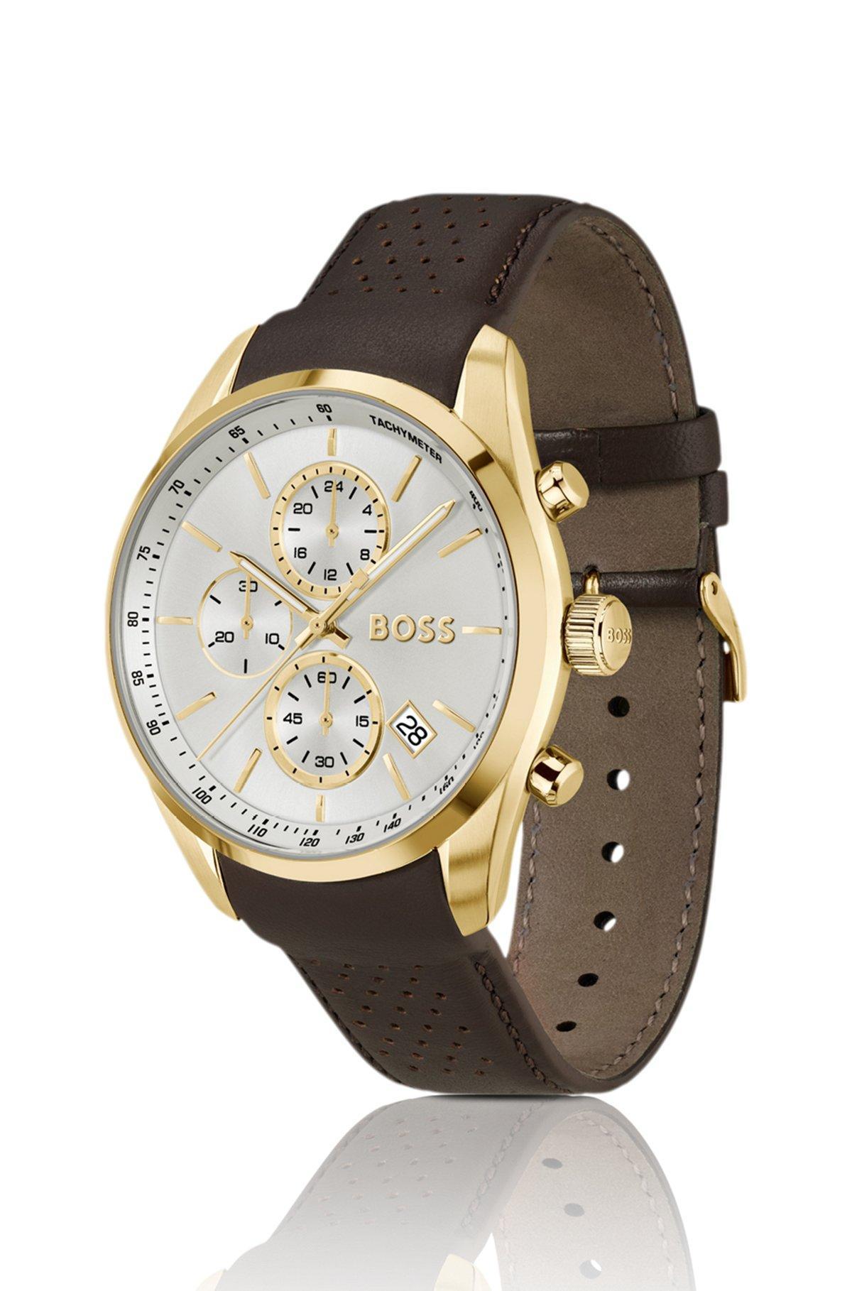 BOSS - Gold-tone chronograph watch with perforated leather strap Product Image