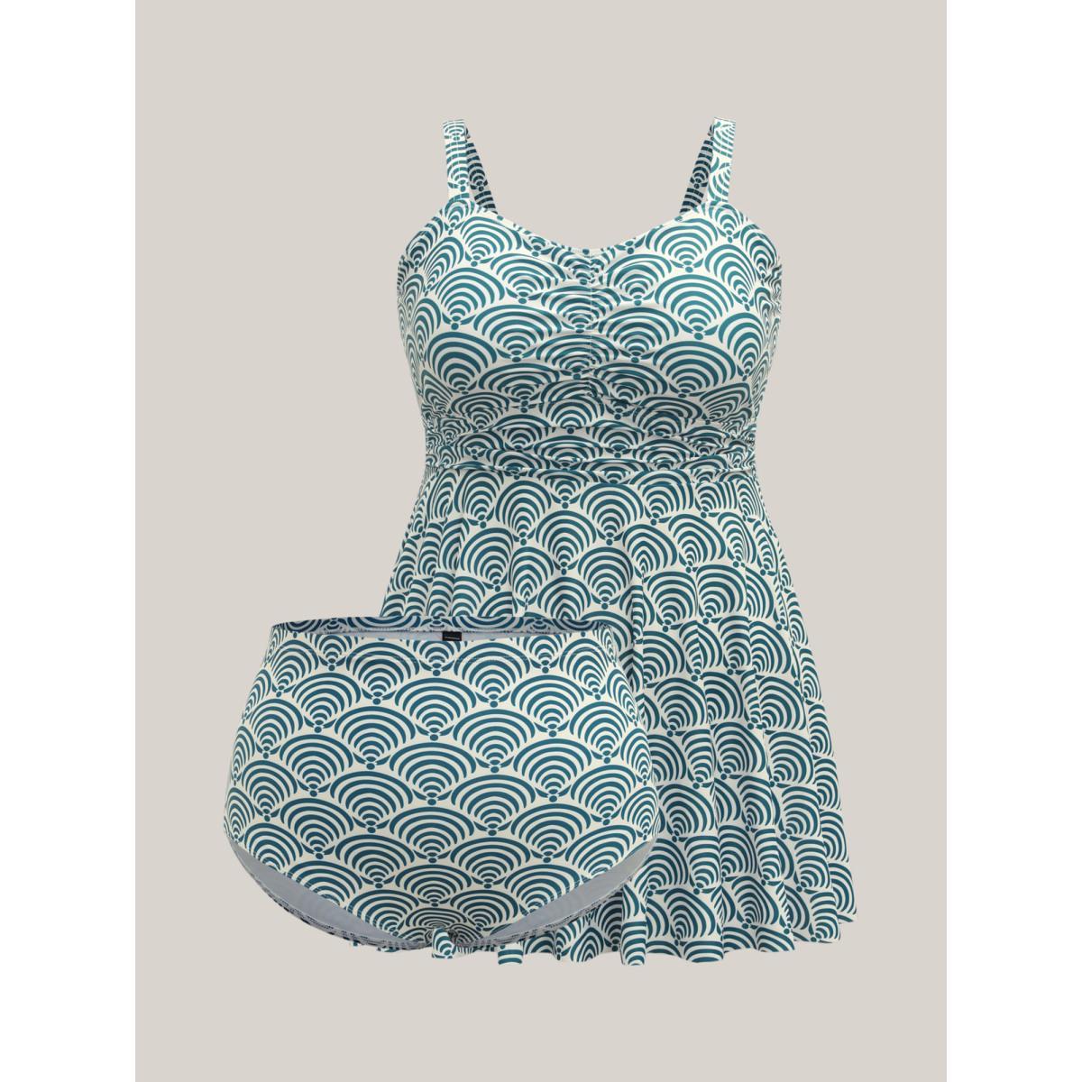 Plus Size Shell Print Ruched Swim Dress Women's Swimwear Beige Beach Bodycon Heart neckline High stretch Curve Swim Dresses BloomChic 28/5X Product Image