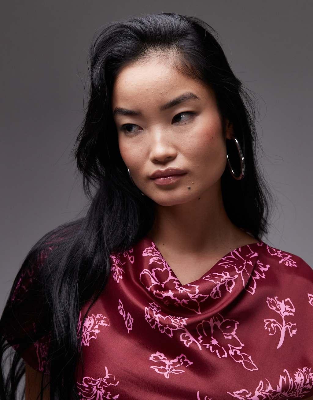 Topshop ruched side grown on shoulder mini dress red print Product Image