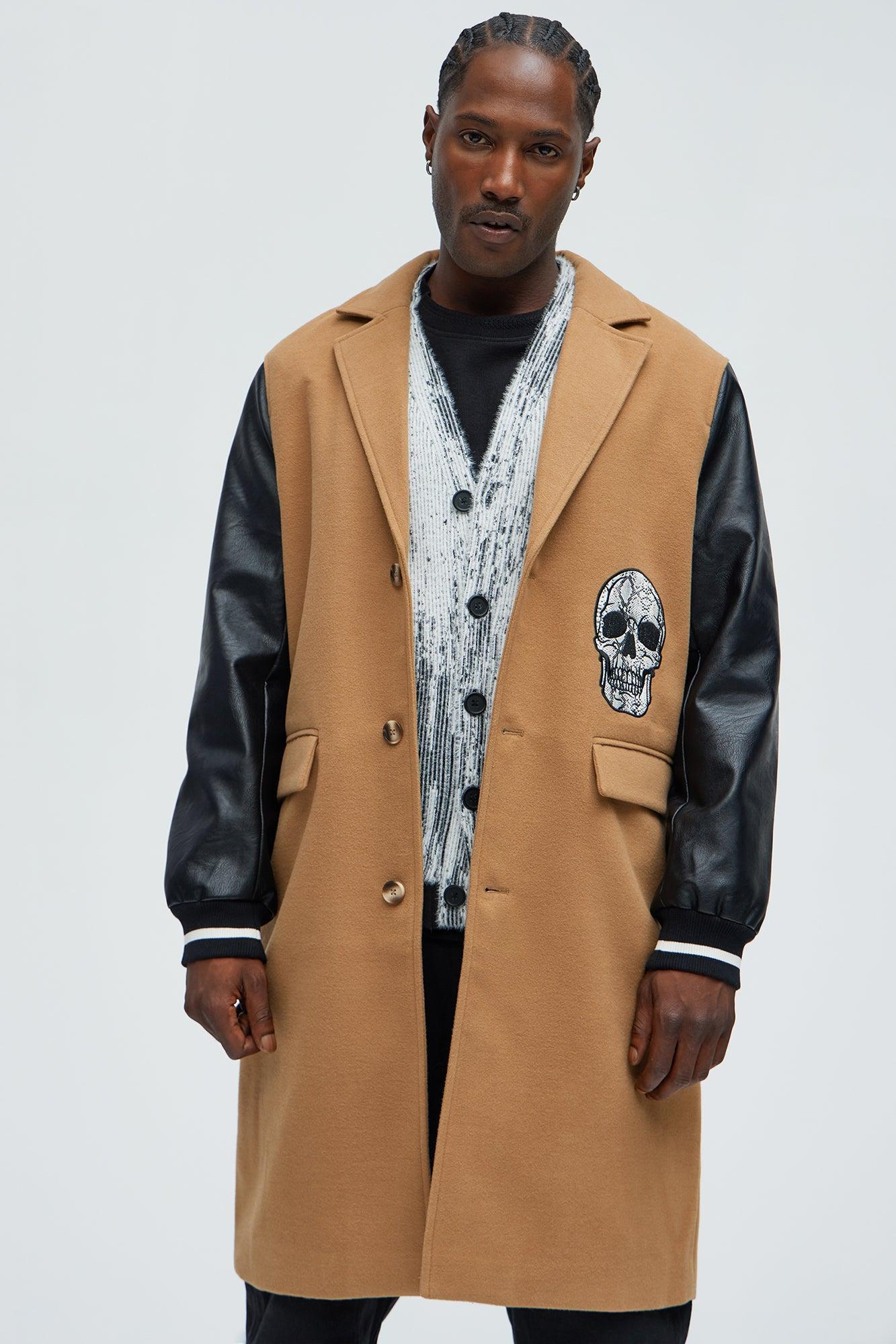Skull Faux Leather Sleeves Long Coat - Tan Product Image