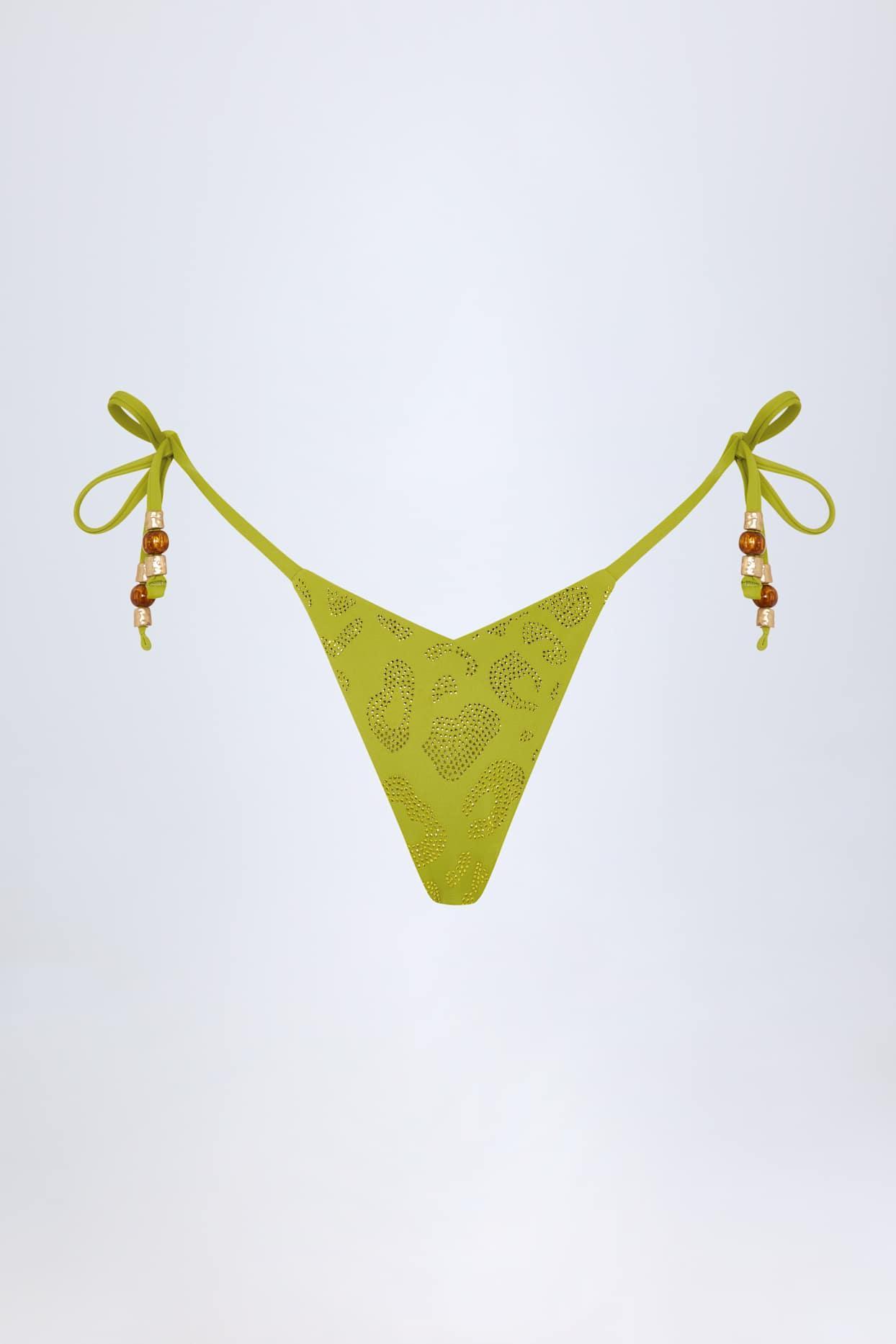 Side-Tie Bead Thong Bikini Bottoms in Olive Leopard Hotfix Product Image
