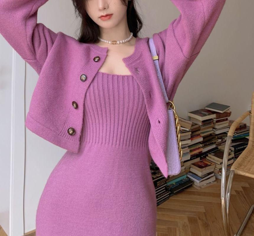 Set: Spaghetti Strap Plain Ribbed Knit Midi Dress + Round Neck Crop Cardigan Product Image