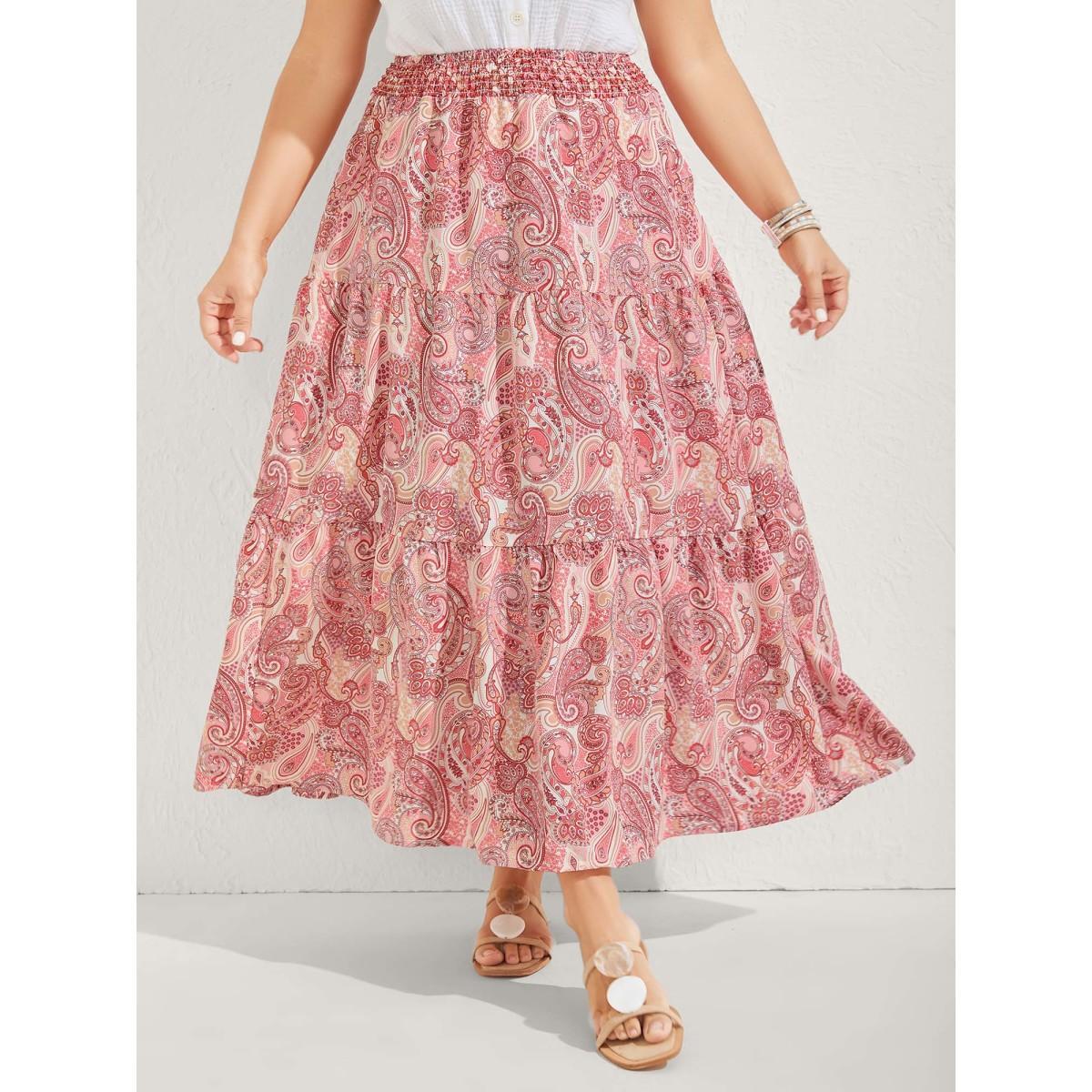 Plus Size Paisley Print Shirred Waist Midi Skirt Women Dirtypink Gathered Bodycon Low stretch Side seam pocket Vacation Skirts BloomChic 22-24/3X Product Image