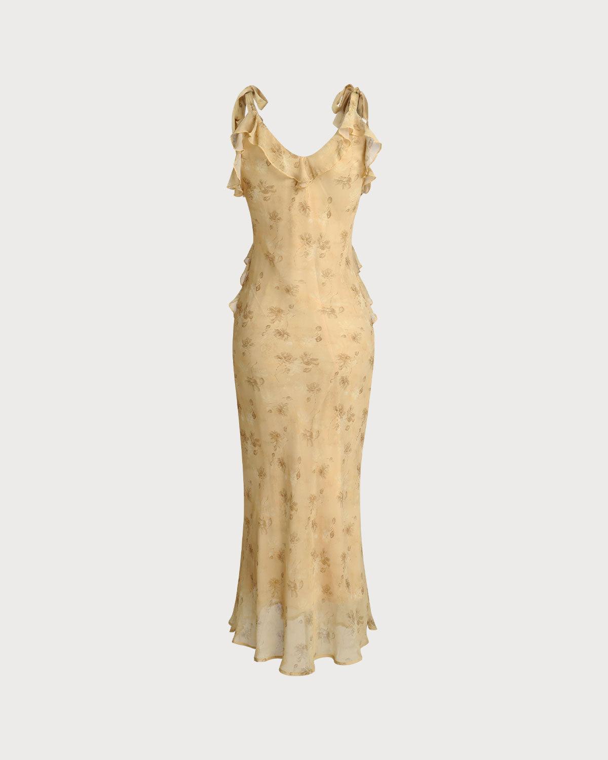 Yellow Floral Chiffon Tie Strap Maxi Dress Product Image