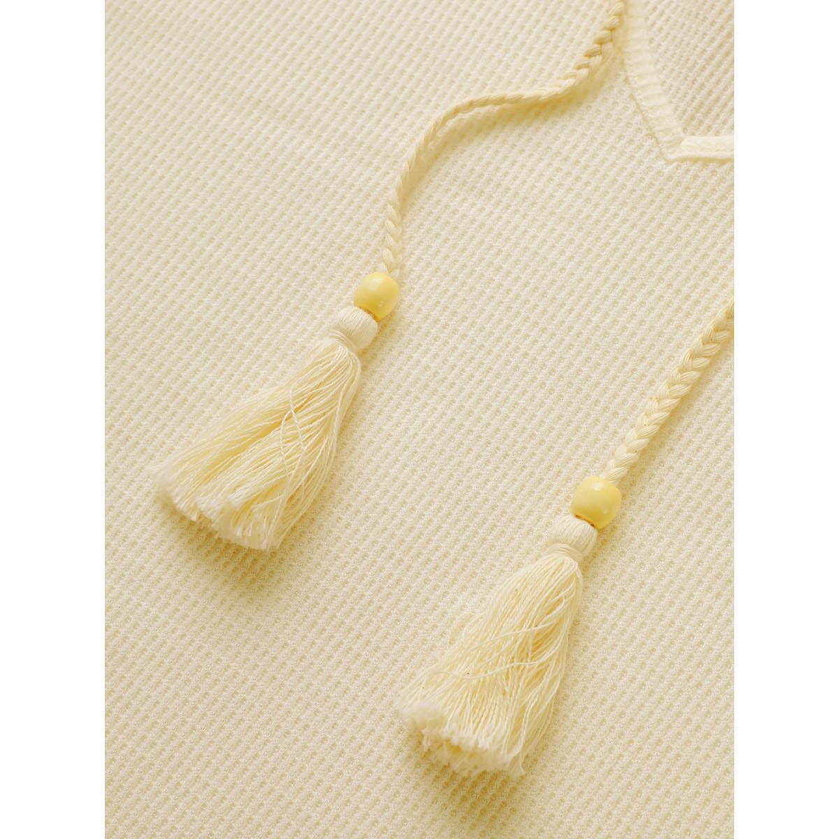 Plus Size Plain Waffle Knit Tassel Trim Hooded Sweatshirt Women Beige Casual Tassels V-neck Everyday Sweatshirts BloomChic 28/5X Product Image