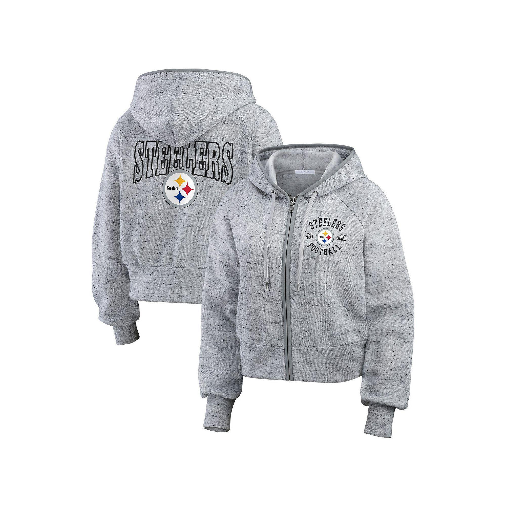 Women's WEAR by Erin Andrews  Heather Gray Pittsburgh Steelers Speckled Fleece Cropped Full-Zip Hoodie, Size: Medium, Grey Product Image