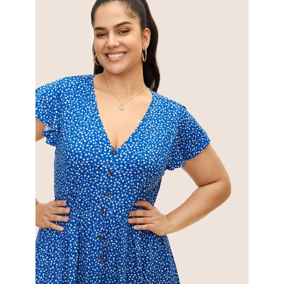 Plus Size Ditsy Floral Button Detail Flutter Sleeve Dress Brightblue Women Casual V-neck Short sleeve Curvy BloomChic 10/M Product Image