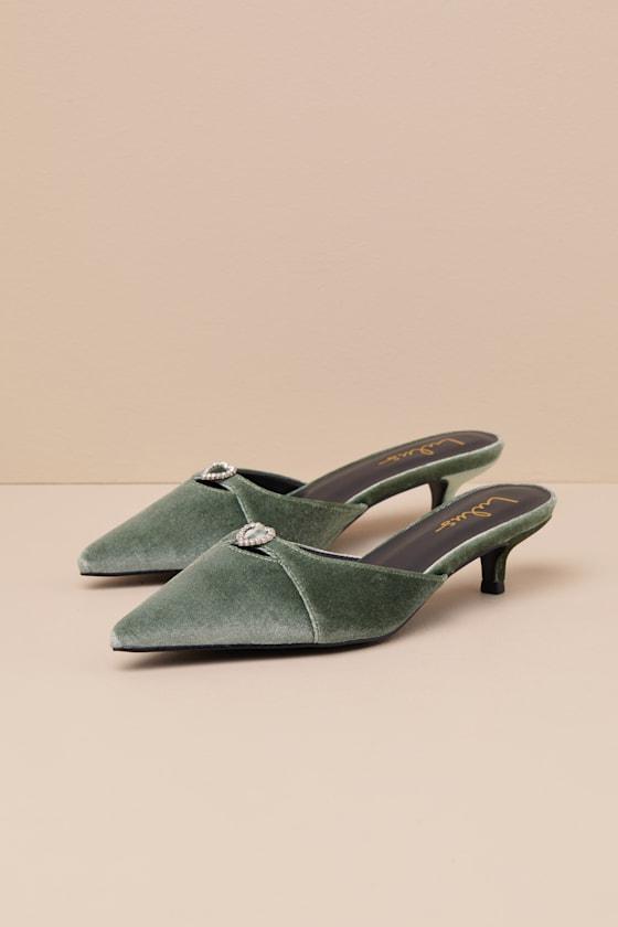 Ambersen Sage Velvet Pointed-Toe Kitten Heel Pumps Product Image