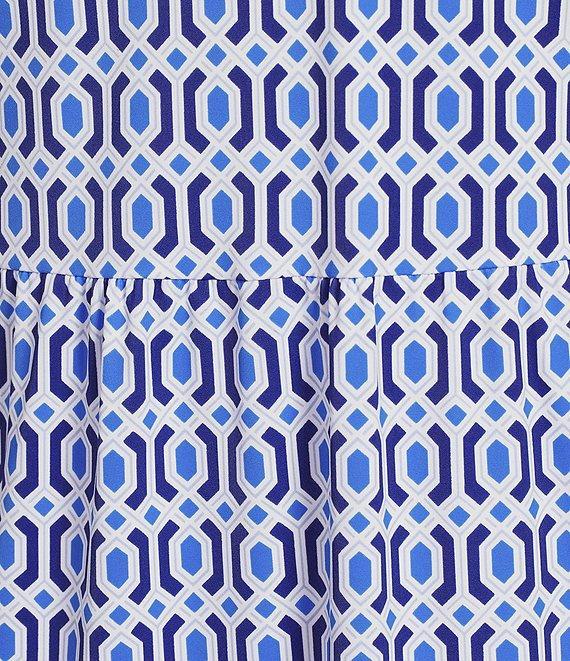 Jude Connally Terrace Geo Border Print Jude Cloth Stretch Knit V-Neck Short Puff Sleeve A-Line Tiered Dress Product Image
