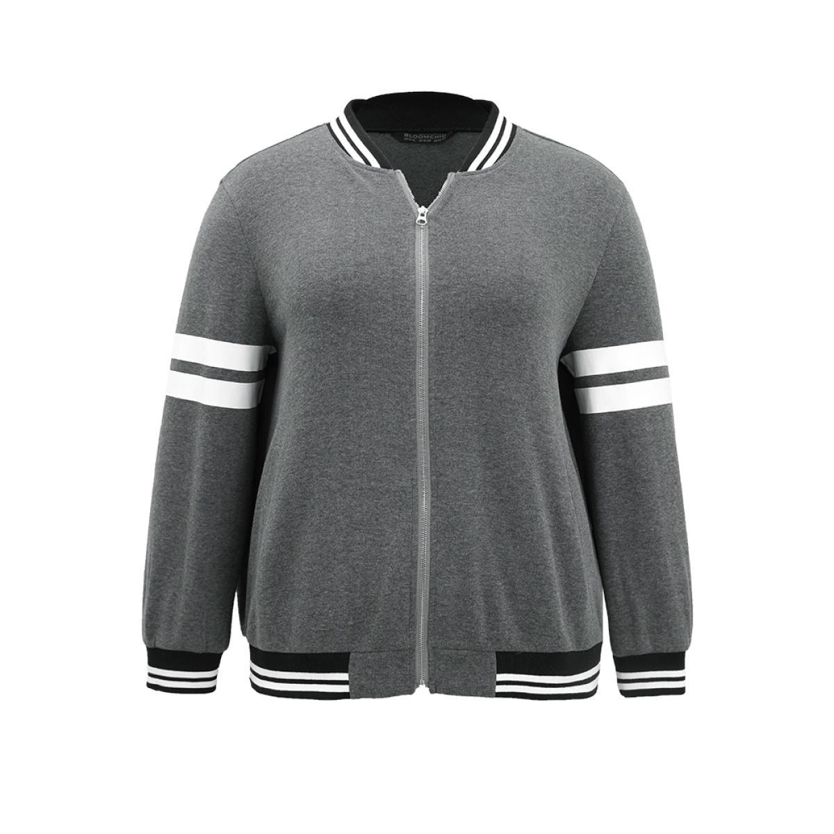 Plus Size Striped Patchwork Contrast Pocket Zipper Bomber Jacket Women DimGray Elastic cuffs Pocket Dailywear Jackets BloomChic 26/4X Product Image