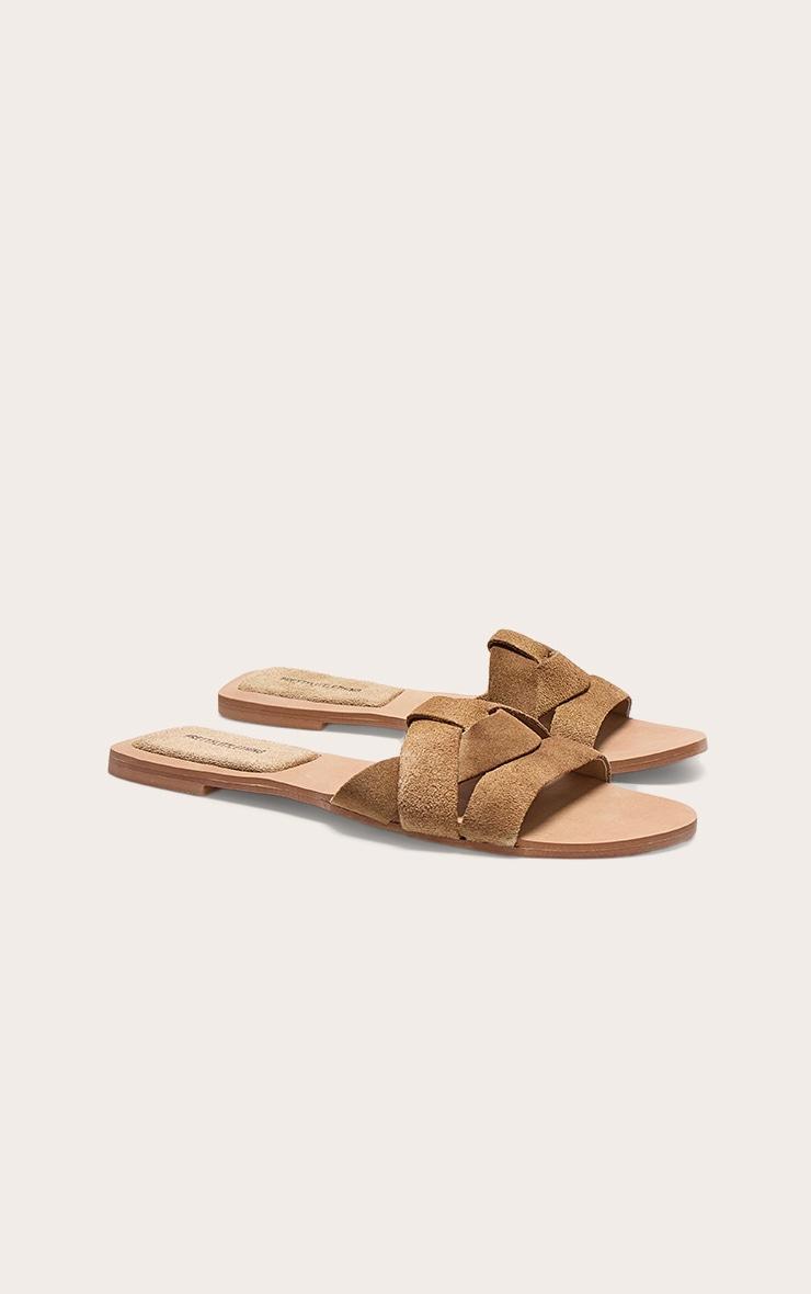 Beige Faux Suede Round Toe Flat Mule Sandals Product Image