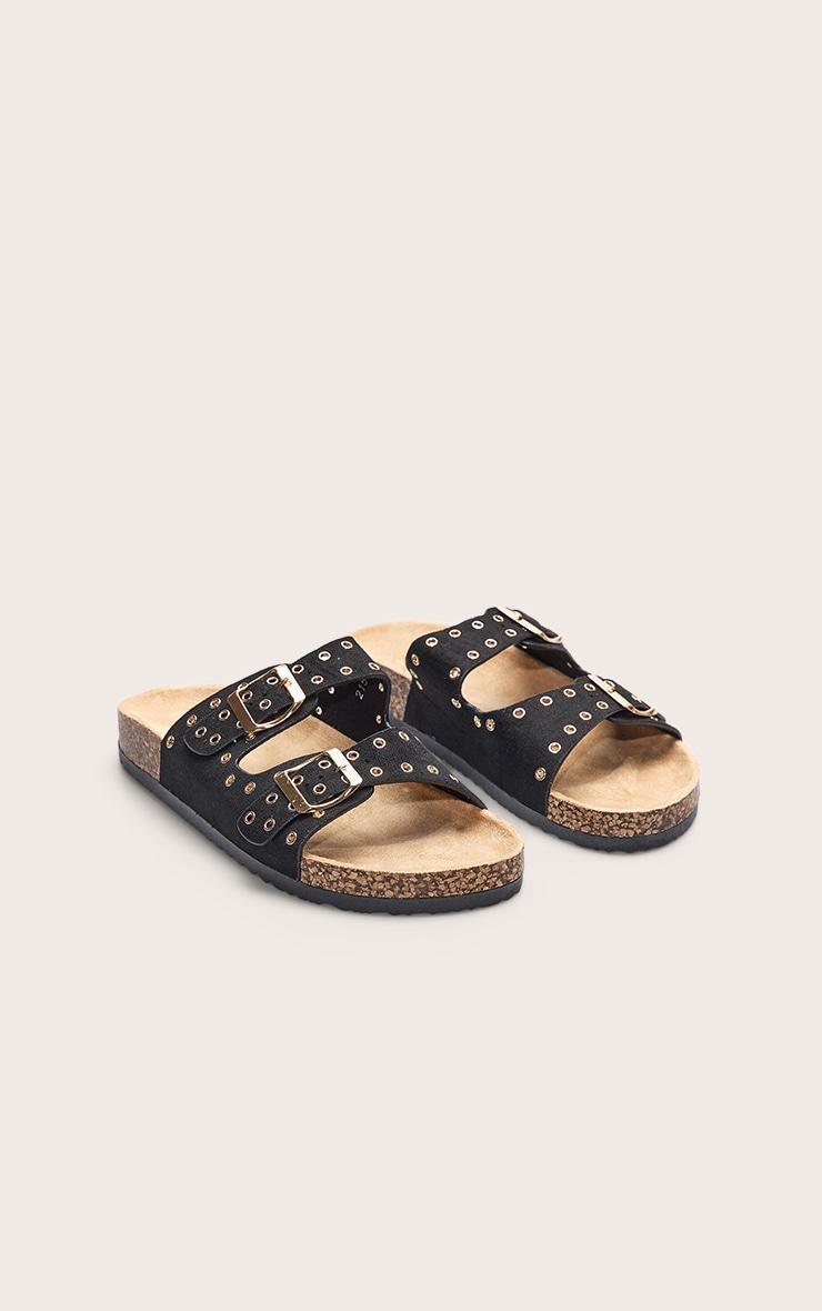 Black Faux Suede Double Buckle Eyelet Footbed Sandals Product Image