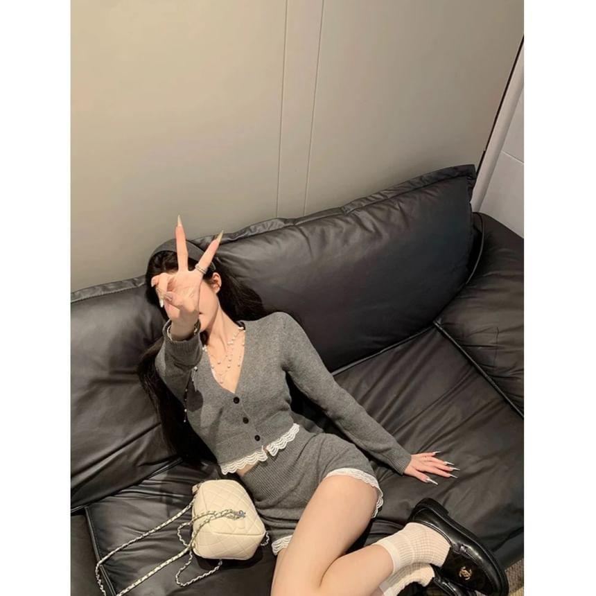 Set: V-Neck Plain Lace Trim Cropped Cardigan + High Waist Hot Pants Product Image