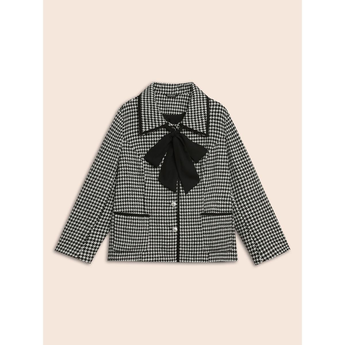 Plus Size Houndstooth Tie Knot Woven Ribbon Jacket Women Black Woven ribbon&lace trim Patch pocket Everyday Jackets BloomChic 22-24/3X Product Image