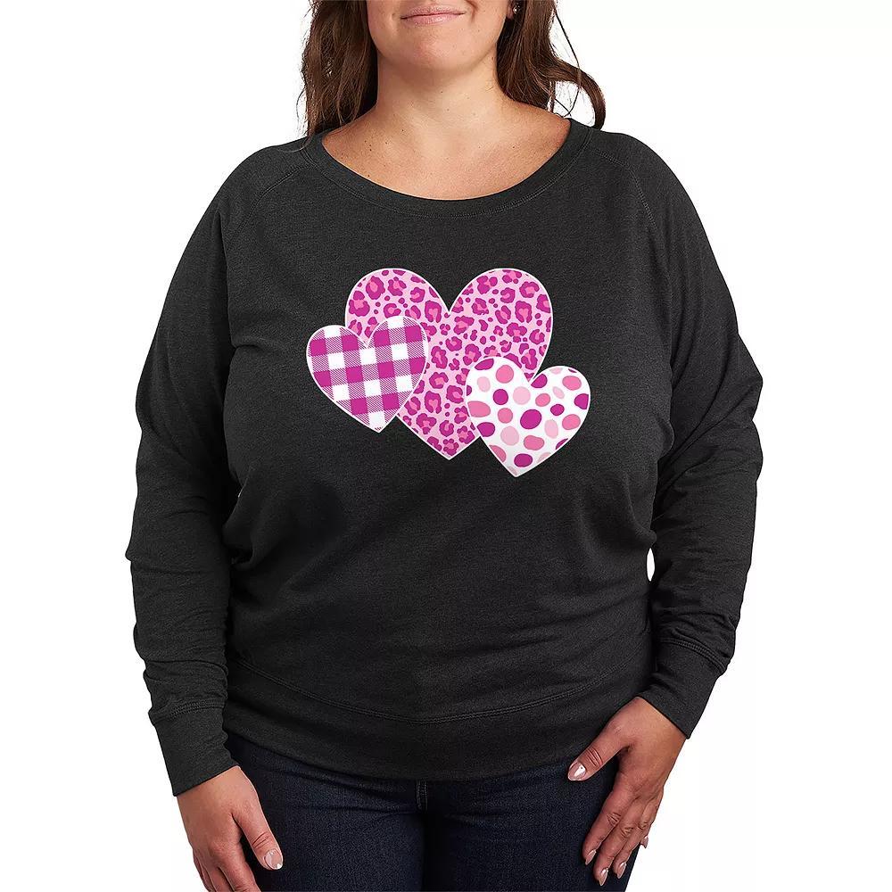 Plus Size Valentines Patterned Hearts French Terry Long Sleeve Tee, Womens Heather Grey Product Image