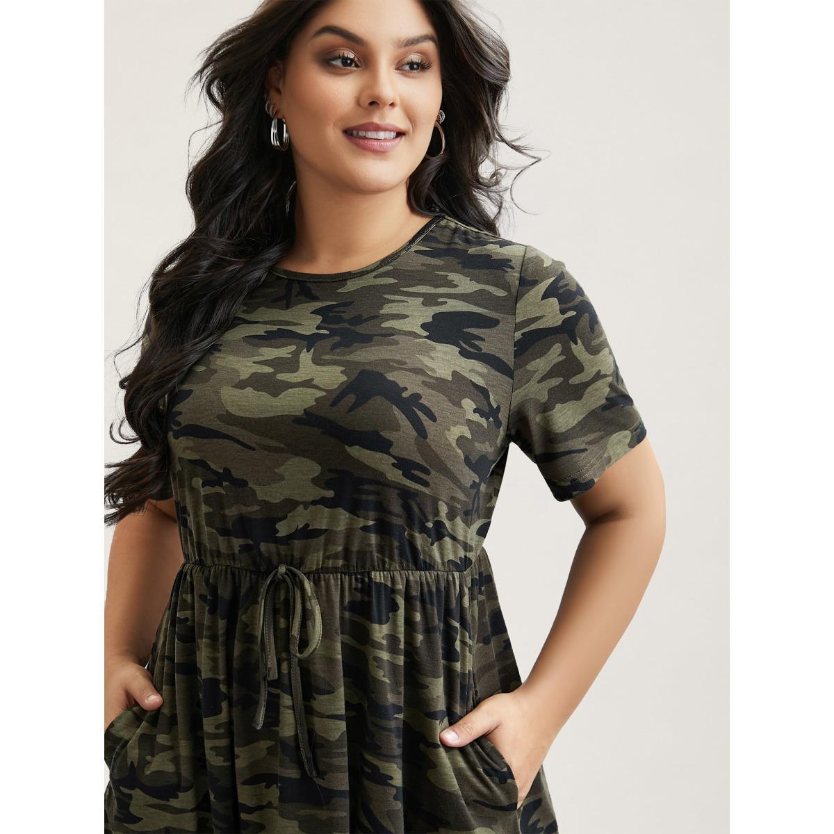 Plus Size Camouflage Print Round Neck Pockets Midi Dress ArmyGreen Women Casual Tie knot Knit Dresses Bloomchic 28/5X Product Image